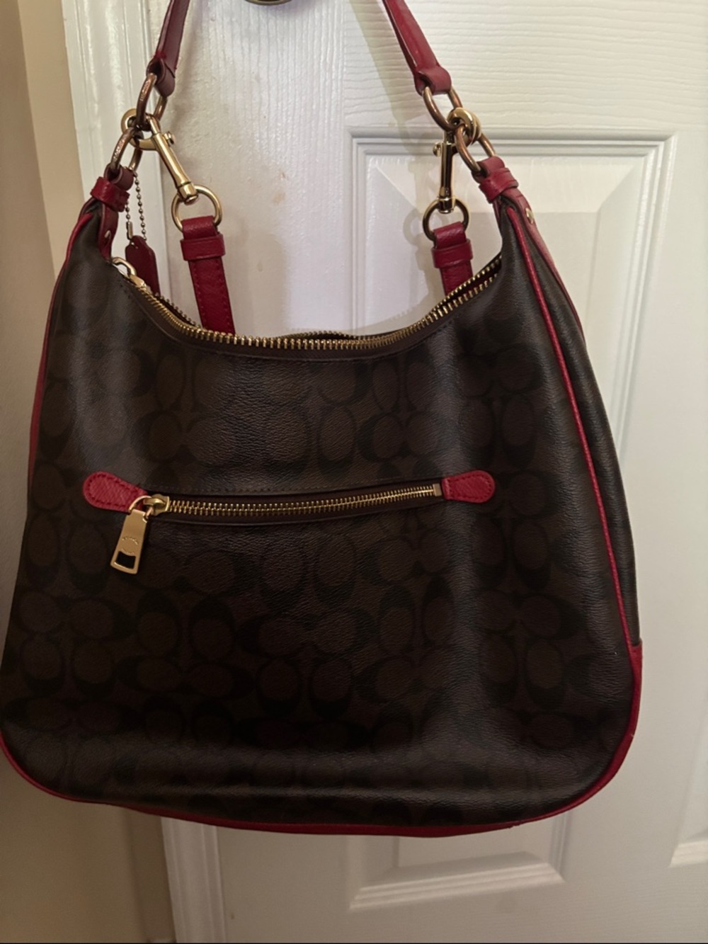Coach Brown Signature Hobo with Red Trim and Gold Hardware - Picture 2 of 5